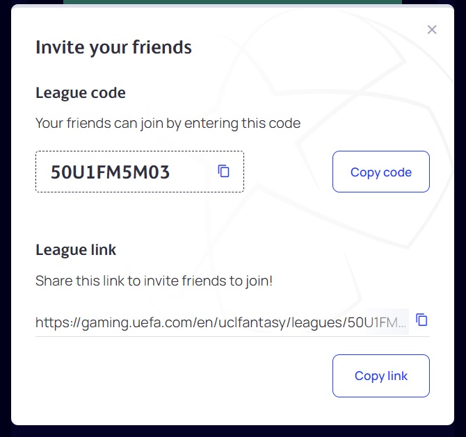 where to find league code ucl fantasy step 2